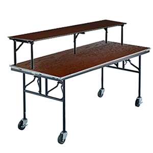 Midwest Folding 30"x96" Mobile Buffet/Bar Table, Stained Plywood midwest folding, e series, rectangle, 96x30, 30x96, 30x96x30, mobile table, mobile utility table, mobile buffet table, bar table
