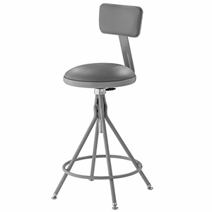 National Public Seating 6524HB Grey Vinyl Padded Swivel Science Lab Stool with Backrest science lab stool, 6500 series, round stool, padded seat, backrest, adjustable height, swivel, premium