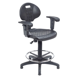 National Public Seating 6722HB-A Black Polyurethane Task Chair with Arms, 22"-32" Height science lab stool, 6700 series, swivel stool, backrest, adjustable height, swivel, rolling casters, 6722