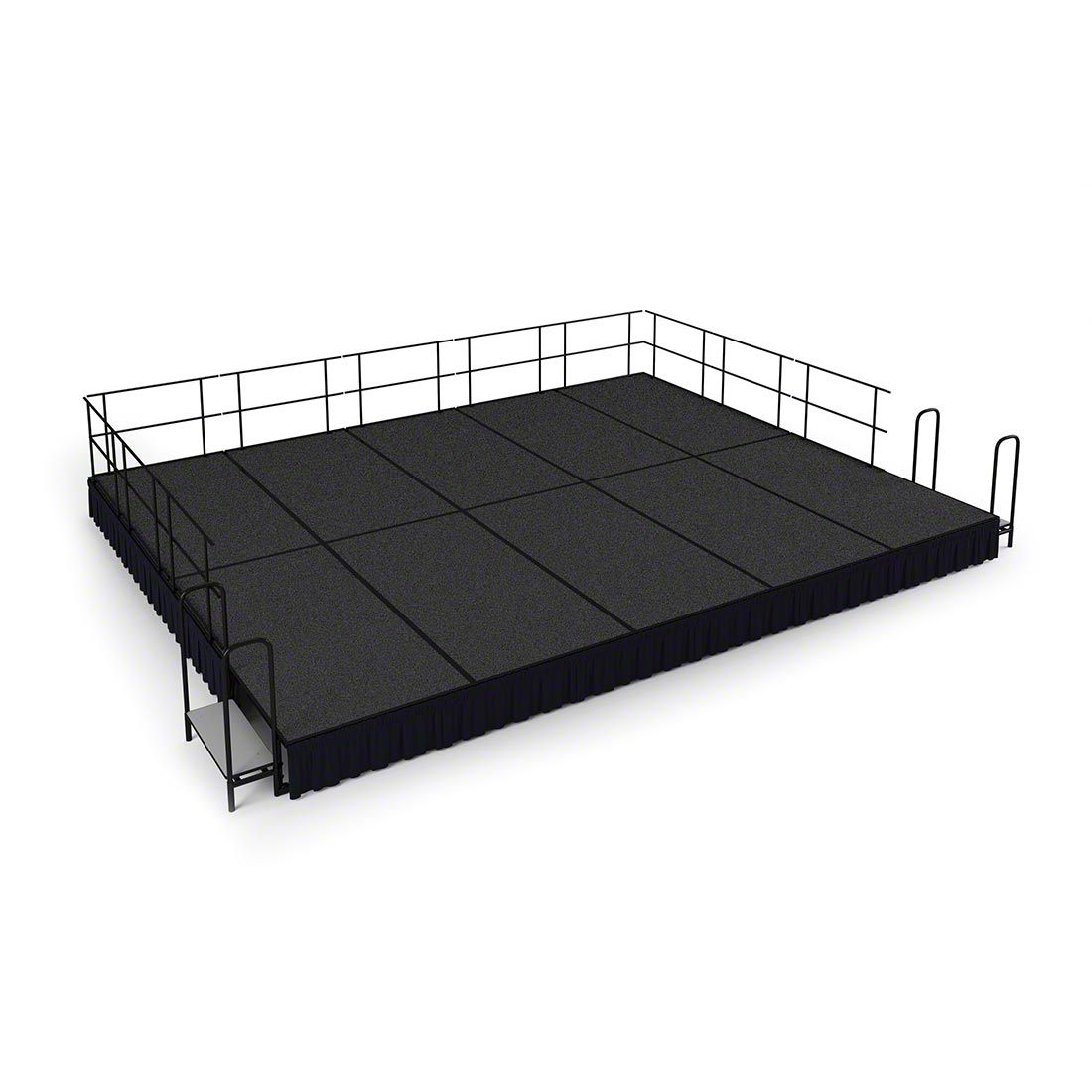 NPS SG481610C-02 16x20 portable stage with steps, guard rails, skirting, gray carpet